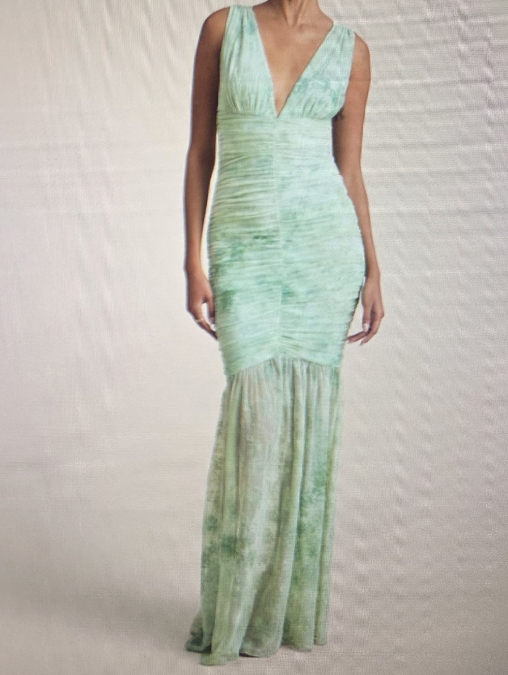 Lulu's Light Green Floral Mesh Ruched V-Neck Maxi Dress